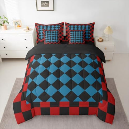 Feelyou Checkered Retro King Comforter Set with Sheets for Kids Boys Girls Red Blue Black Plaid 7 Pieces Bedding Set Geometric Vintage Bed in a Bag Modern Simple Groovy Aesthetic Room Decor Soft