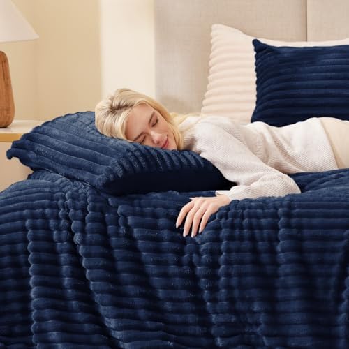 EXQ Home Fluffy Comforter Set Full Size,3 Pieces Bed Set,Navy Blue