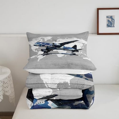 Erosebridal Kids Adult Airplane Comforter Set Twin Size,Navy Blue Camo Plane Bedding Set for Toddler Boys Girls,Aviation Decor for Home Aircraft Comforter Set Breathable Map Quilt Bed Set 2Pcs