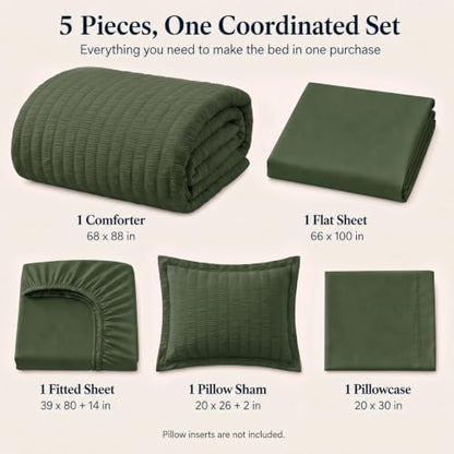 CozyLux Twin XL Comforter Set, 5 Pieces Olive Green Seersucker Bed in a Bag