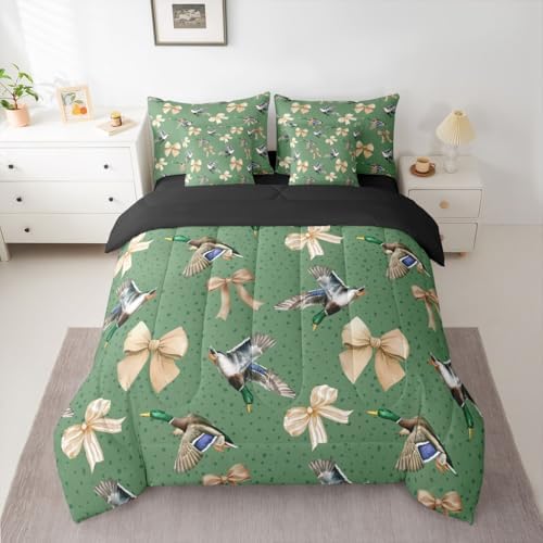 Erosebridal Mallard 7 Piece Bedding Set Full Bowknot Comforter Set with Sheets Spot Hunting Stripe Cute Ribbon Bow Bed in a Bag Wild Duck Wildlife Pattern for Kids Boys Girls