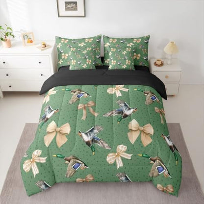 Erosebridal Mallard 7 Piece Bedding Set Full Bowknot Comforter Set with Sheets Spot Hunting Stripe Cute Ribbon Bow Bed in a Bag Wild Duck Wildlife Pattern for Kids Boys Girls