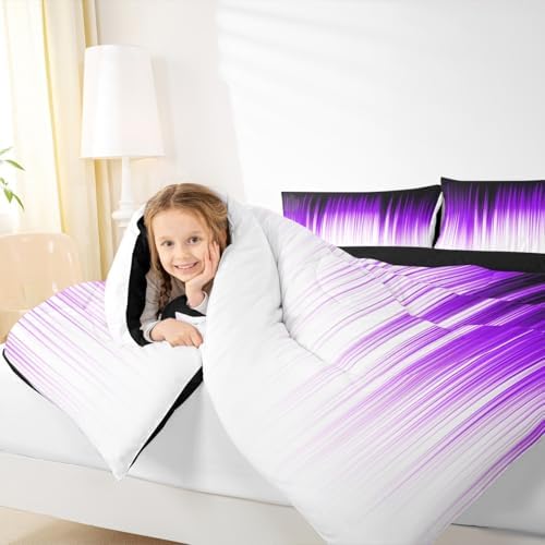 Teens Abstract Ombre Comforter Set Queen Size,Purple Black White Bedding Set for Kids Boys Girls Bedroom Decoration,Gradient Watercolor Bed Duvet Insert,Geometric Comforter with 2 Pillowcases