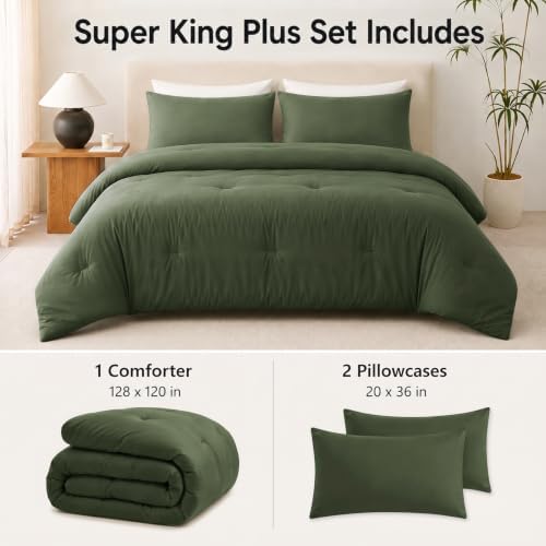 CozyLux Super King Plus Comforter Set, 3 Pieces Olive Green Quilted Bedding