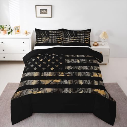 Feelyou American Flag Camo Comforter Set All Season Hunting Bedding Set with 1 Pillow Cases Military Camouflage Kids Twin Bedclothes Rustic Trees Leaves Bedroom Decor Duvet Quilt Soft Lightweight