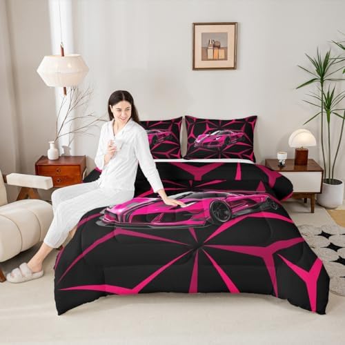 Castle Fairy Modern Race Cars Twin Size Comforter Set,Pink Racing Car Duvet Set Soft Bed Collection,Extreme Sport Abstract Geometric Lines Bedding Comforter for Boys Girls Bedroom,2 Pcs