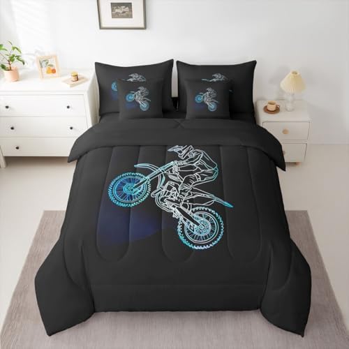 Feelyou Neon Blue Dirt Bike Comforter Set King 7 Pieces Off-Road Sport Bedding Set Boys Girls Neon Line Design Bed in a Bag Outdoor Sports Room Decor Motocross Art Quilted Breathable Soft Lightweight