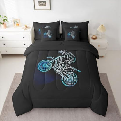 Feelyou Neon Blue Dirt Bike Comforter Set King 7 Pieces Off-Road Sport Bedding Set Boys Girls Neon Line Design Bed in a Bag Outdoor Sports Room Decor Motocross Art Quilted Breathable Soft Lightweight
