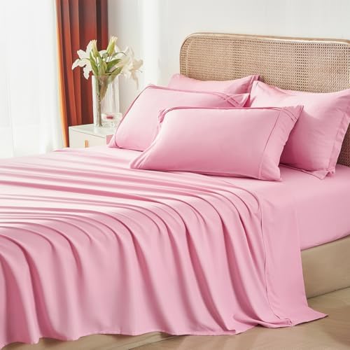 Yogeneg Queen Comforter Set 7 Piece Bed in a Bag,Grid Pinch Pleat Pink Bedding Set,Striped Textured Soft Microfiber Comforter with Sheet Set,All Season Complete Bed Set(Pink,Queen)