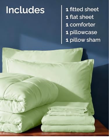 Twin Comforter Set - 5 Piece Bed in a Bag Twin Size - Light Sage Green