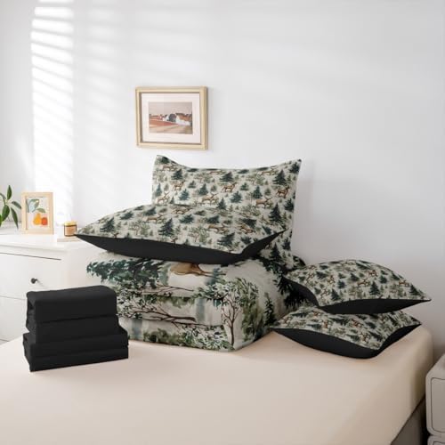 Erosebridal 7 Piece Rustic Deer Twin Comforter Set with Sheets Country Wild Animals Bed in A Bag Forest Pine Tree Wildlife Bedding Sets for Women Men Vintage Woodland Plants Leaves Bed Set
