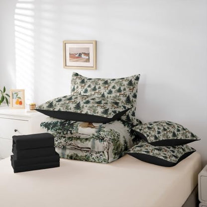 Erosebridal 7 Piece Rustic Deer Twin Comforter Set with Sheets Country Wild Animals Bed in A Bag Forest Pine Tree Wildlife Bedding Sets for Women Men Vintage Woodland Plants Leaves Bed Set
