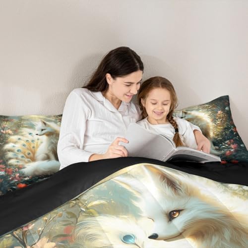 Nine-tailed Fox Kids Comforter Set Full Size,Poppy Flowers Leaf Botanical Natural Bedding Set,Girls Boys Room Decor,Wildlife Animals Mysterious Quilt Comforter,Rustic Duvet Insert,2 Pillowcases