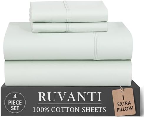 RUVANTI 100% Cotton Twin Sheets, Percale Weave Twin Sheet Set, Sage Mist