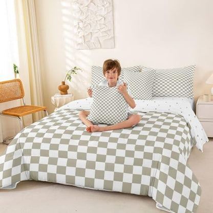 jejeloiu Light Khaki Plaid Queen Comforter Set with Sheets for Kids Boys Girls Checkered Classic 7 Pieces Bedding Set Grid Geometric Bed in a Bag Room Decor Soft Lightweight Microfiber