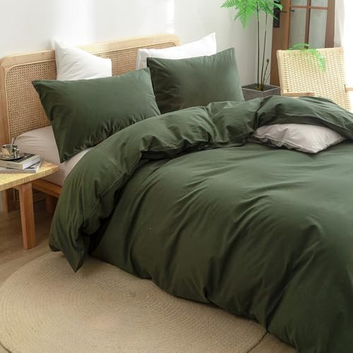 BESTOUCH Cotton Solid Duvet Cover Set Linen Feel Olive Green Oversized Full