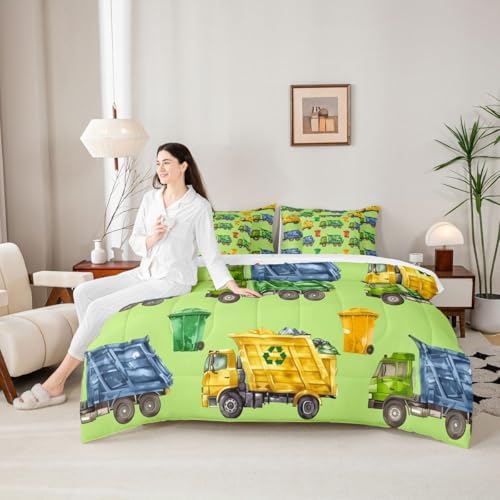 Erosebridal Boys Garbage Trucks Queen Bed in A Bag, Trash Truck Comforter Set with Sheets, Cartoon Car 7 Pieces Bedding Set for Teens Men Kids Room Decor, Colourful Trash Cans Green Bed Sets