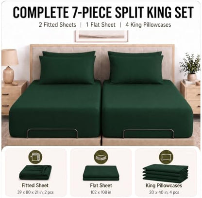 CozyLux Split King Sheets 7-Piece, 21-Inch Deep Pocket, Soft Brushed Feel