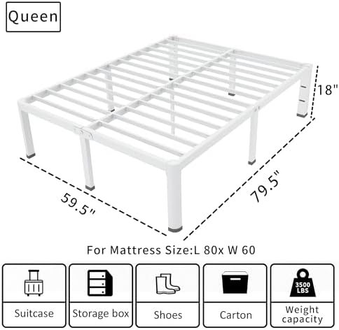 ROIL 18 Inch White Queen Bed Frame with Rounded Corner & 4 Mattress Baffles