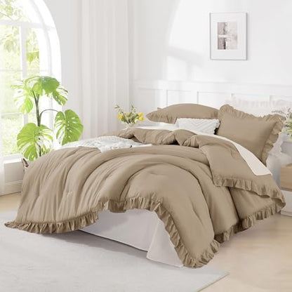 Andency Taupe Ruffle Comforter Twin XL, 2 Pieces Solid Farmhouse Bed