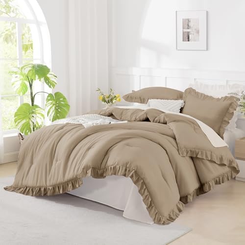Andency Taupe Ruffle Comforter Twin Size, 2 Pieces Soft Bed Set