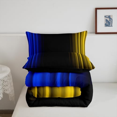 Feelyou Teens Abstract Ombre Decorations Bedding Set for Kids Women Blue Yellow and Black Comforter Set Geometric Modern Quilt Set Room 3Pcs King Size