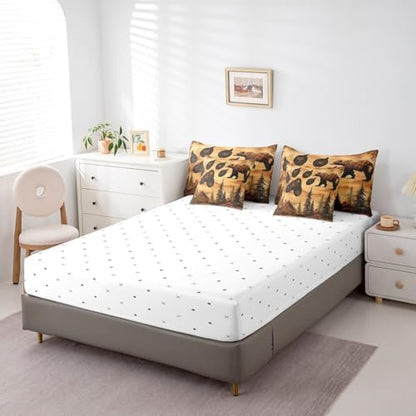 Erosebridal 7 Pcs Brown Bear Bedding Set Twin Bear Paw Print Comforter Set 7 Piece Country Woodland Cabin Lodge Bed in a Bag Farmhouse Hunter Quilt with Flat Fitted Sheet Rustic Forest Animal Decor
