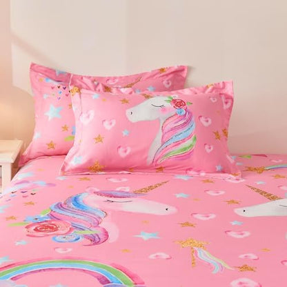 Wajade Pink Unicorn Comforter Set for Girls 7 Piece Cute Cartoon Bedding Set for Kids Twin Size as Birthday Gift with Comforter, Sheet Set, Pillowcase and Sham