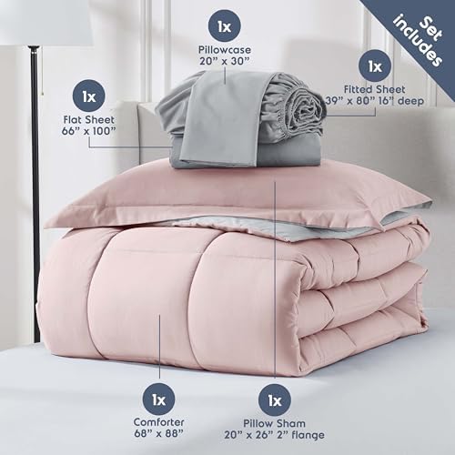 Nestl 7 Piece Twin XL Comforter Set – Blush Pink Reversible Bed in a Bag – Complete Twin XL Size Bedding Set with Sheets, Set of 2 Down Alternative Pillows, Pillowcase and Sham