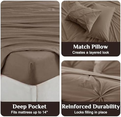JOLLYVOGUE Twin XL Comforter Set 5 Pieces - Bed in a Bag Twin XL for All Season, Pintuck Bedding Comforter Sets with Comforter, Flat Sheet, Fitted Sheet and Pillowcases & Shams, Brown