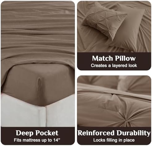 JOLLYVOGUE King Size Comforter Set 7 Pieces - Bed in a Bag King for All Season, Pintuck Bedding Comforter Sets with Comforter, Flat Sheet, Fitted Sheet and Pillowcases & Shams, Brown