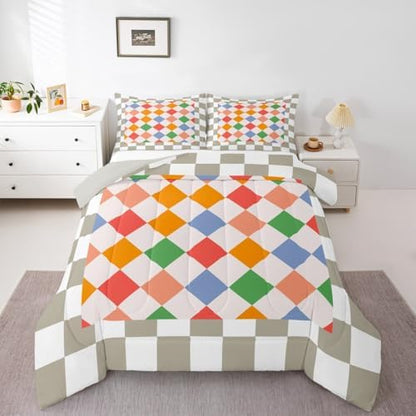 Feelyou Checkered Geometric Kids Comforter Set Twin Size Colorful Beige Brown Plaid Bedding Set Checkerboard Modern Aesthetic Duvet Quilt for Kids Boys Girls Bedroom Reversible Grey Decor