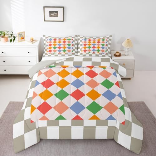 Feelyou Checkered Geometric Kids Comforter Set King Size Colorful Beige Brown Plaid Bedding Set Checkerboard Modern Aesthetic Duvet Quilt for Kids Boys Girls Bedroom Reversible Grey Decor