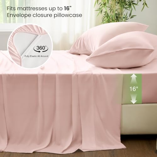 Love's cabin 4 Piece Full Size Sheet Set, 100% Rayon Derived from Bamboo, Cooling & Breathable, Soft Silky Deep Pocket up to 16", Hotel Luxury Bedding for Hot Sleepers, Pink