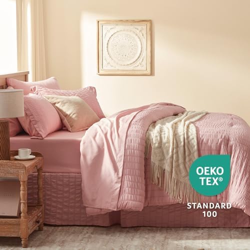Laojin Balhen Twin Comforter Set 5 Pieces, Pink Seersucker Bed in a Bag Set Twin Size, All Season Luxury Bedding Sets with Comforter, Sheets, Pillowcase & Sham
