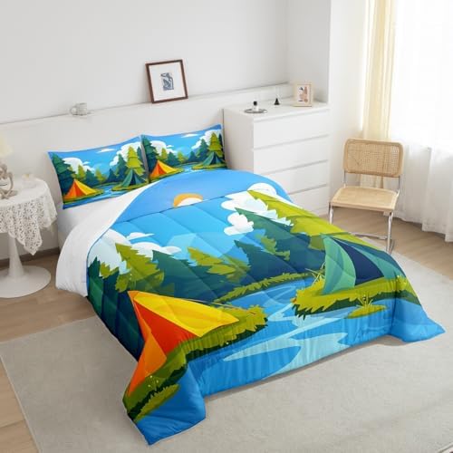 Happy Camping Bedding Set Full Size,Camper Adventure Theme Comforter Set for Kids Teens Adults Room Decor,Nature Scenery Duvet Insert 3Pcs,Tents River Tree Blue Sky Cloud Quilt Set,2 Pillowcases