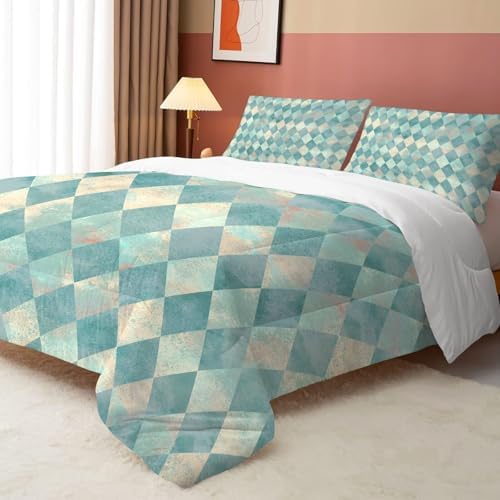 Teal Geometric Comforter Set King Size Checkered Bedding for Women Girls Bedroom Rhombus Quilt Bed Set 1 Comforter 2 Pillowcases