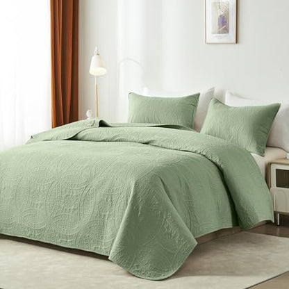 akkialla Twin Quilt Bedding Set,Sage Green Ultrasonic Quilt Set,Lightweight Soft Bedspread Coverlet,Modern Style Coin Pattern Bed Cover for All Seasons,2 Piece(1 Quilt,1 Pillow Sham)