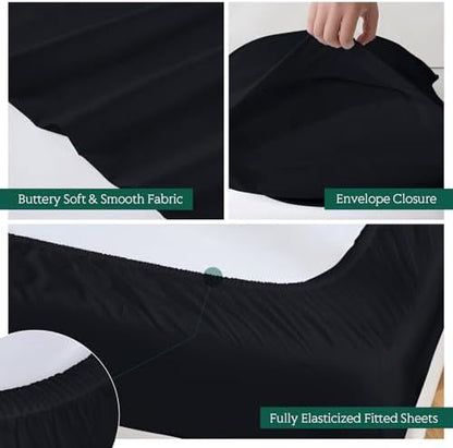 Cooling Sheets Set King Size, Viscose Derived from Bamboo for Hot Sleepers | Deep Pocket Up to 16 Inch | Silky Soft & Breathable Bedding - 4PC (King, Black)