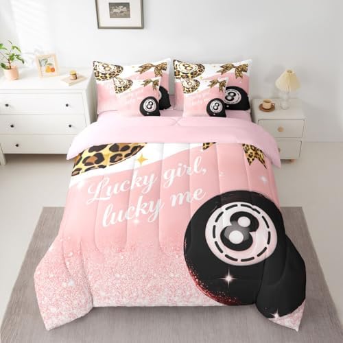 Funky Lucky 8 Ball 7 Piece Comforter Set Full Size Bow Bedding Set For Girls Preppy Leopard Print Bowknot Bed In A Bag Coquette Room Decor,Fashion Trendy Y2K Bed Set,Pink Aesthetic Glitter Print