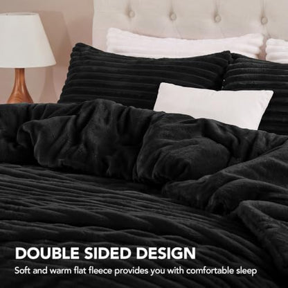 HYLEORY Fluffy King Comforter Set 3 Pieces - Fleece Fluffy Soft & Warm Plush Black Comforter Sets, Luxury Fuzzy Bedding Sets, All Season Heavy Bed Set King Size with 2 Pillowcases