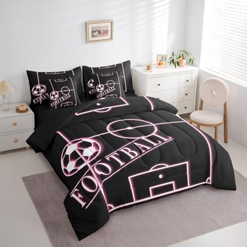 Kids Football Queen Comforter Set 7 Pieces for Girls Pink Bedding Comforter Sets, Ball Gamer Bed in a Bag Sport Game Bedding Set, Girly Soccer Field Bed Sheets Set Luxurious (Black Reversible)