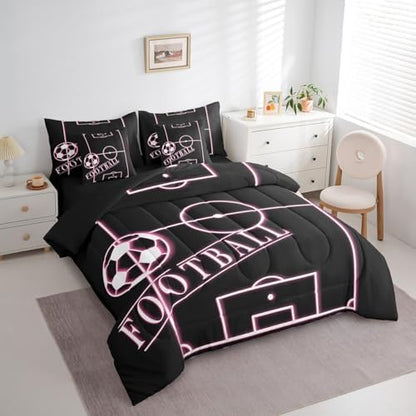 Erosebridal Kids Football Bed in a Bag 7-Piece for Girls Pink Bedding Set, Ball Gamer Twin Size Comforter Set Sport Game Bedding Comforter Sets, Girly Soccer Field Bed Set Luxurious (Black Reversible)