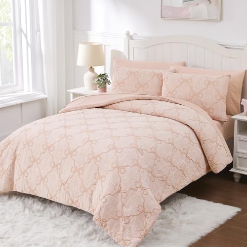 Full Size Comforter Sets with Sheets for Girls-7 Pieces Bow Bed in A Bag