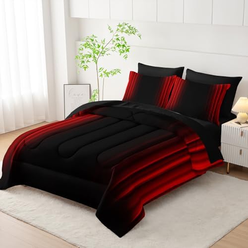 Nttopship Red and Black Bedding Set Queen Size Abstract Ombre Comforter Set Bedding Set 7 Piece in A Bag,Dark Quilt Set Mordern Art Decor All Seasons with Pillowcases,Flat, Fitted Sheet
