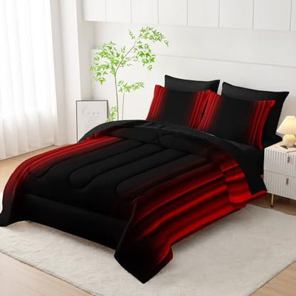 Nttopship Red and Black Bedding Set Queen Size Abstract Ombre Comforter Set Bedding Set 7 Piece in A Bag,Dark Quilt Set Mordern Art Decor All Seasons with Pillowcases,Flat, Fitted Sheet