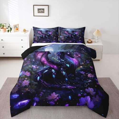 Feelyou Dragon Bedding Set Soft for Boys Girls, Wild Life Comforter Set King Size Jungle Dragon Duvet Quilt Microfiber Fantasy Animal Bedroom Decor Magical Beast 3 Pcs with 2 Pillow Cases