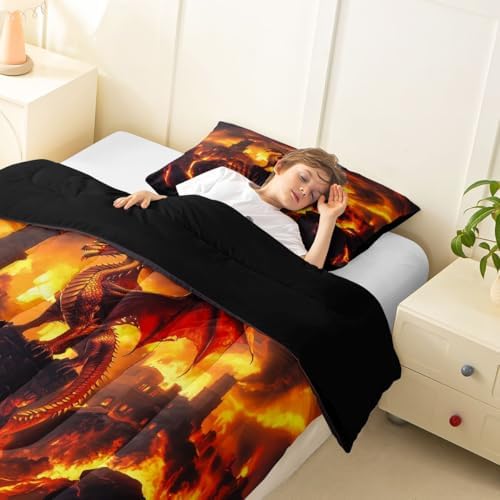 Feelyou Dragon Kids Comforter Set King Size Flame Dragon Bedding Set Fantasy Animal Duvet Quilt for Kids Boys Girls Bedroom Magical Beast Decor Wild Animal Microfiber Ultra Soft Breathable