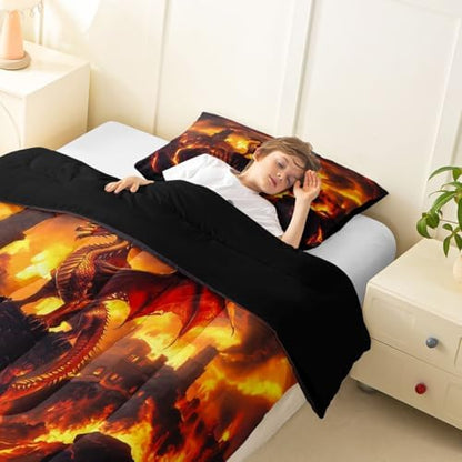 Feelyou Dragon Kids Comforter Set King Size Flame Dragon Bedding Set Fantasy Animal Duvet Quilt for Kids Boys Girls Bedroom Magical Beast Decor Wild Animal Microfiber Ultra Soft Breathable