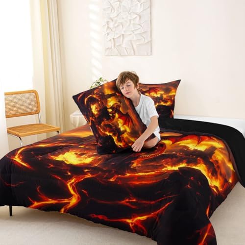 Feelyou Dragon Kids Comforter Set King Size Flame Dragon Bedding Set Fantasy Animal Duvet Quilt for Kids Boys Girls Bedroom Magical Beast Decor Wild Animal Microfiber Ultra Soft Breathable
